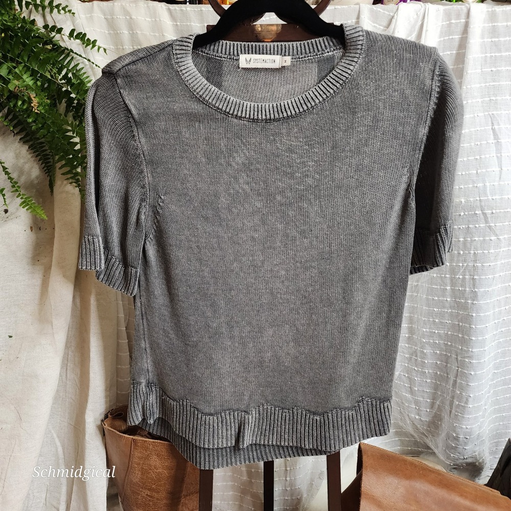 System Action Gray Acid Wash Short Sleeve Knit Sweater Crew Neck Top Womens Med